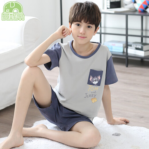Mannido Boys Pajamas Лето новая короткая рукава мальчики с чистым хлопком детей Большой детской хлопковой молодежной домашней одежды N6621 [Double Short] 180 увеличенного кода версии XL [130-150JIN [Jin равно 0,5 кг]]