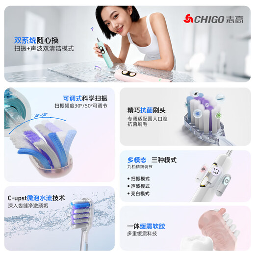CHIGO Antibacterial Sweeping Electric Toothbrush National Subsidy G50 Adult Soft-bristled Gum Protector Home Fully Automatic Intelligent Waterproof Rechargeable Christmas Gift for Boys and Girls Couples Mist White Body*1+Original Brush Head*3