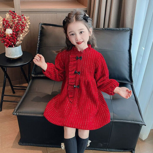 Girls Spring and Autumn Dresses 2025 New Children's Style Thickened Skirts Baby Girls Spring Princess New Year Skirts 118 Styles Spring and Autumn Ethnic Red 130