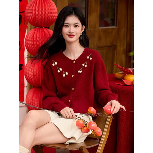 Shangjing Sweater Women's 25 Winter New Women's Clothes Exquisite Three-dimensional Decoration High-end New Year Red Atmosphere Western-style Cardigan Sweater