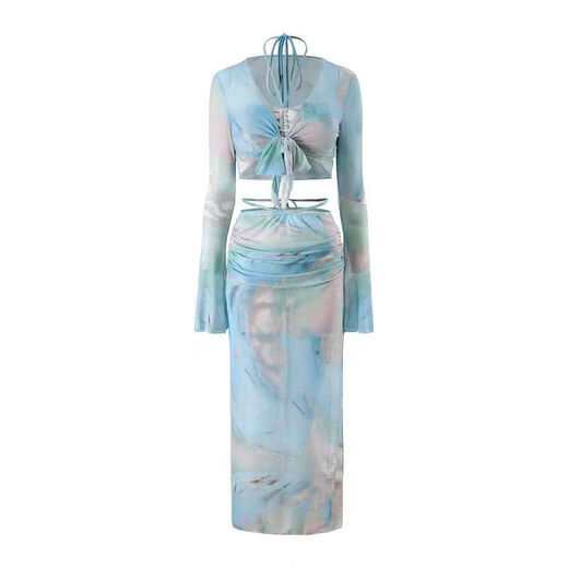 Shijanu swimsuit women's split bikini four-piece long-sleeved long skirt sun protection European and American new swimwear vacation seaside hot spring blue one size fits all (recommended 70-120 Jin Jin equals 0.5 kg) wholesale please buy one size