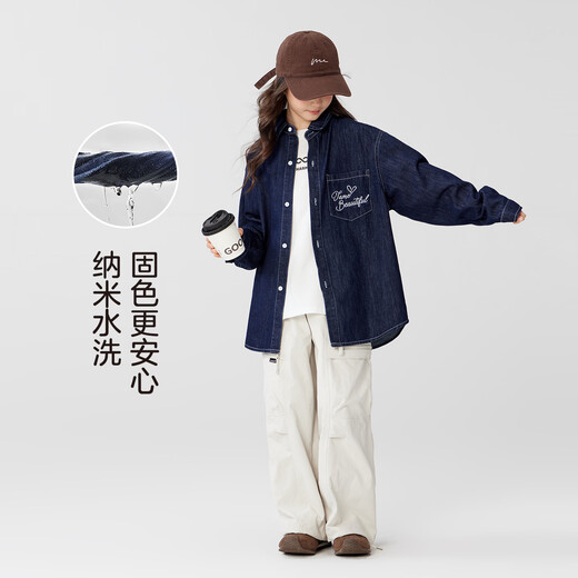 Zuoxi 2026 Spring New Zuoxi Girls Retro Washed Soft Denim Shirt Top Stitch Contrast Color Trendy Cool Denim Clothes Dark Denim Color 130 cm