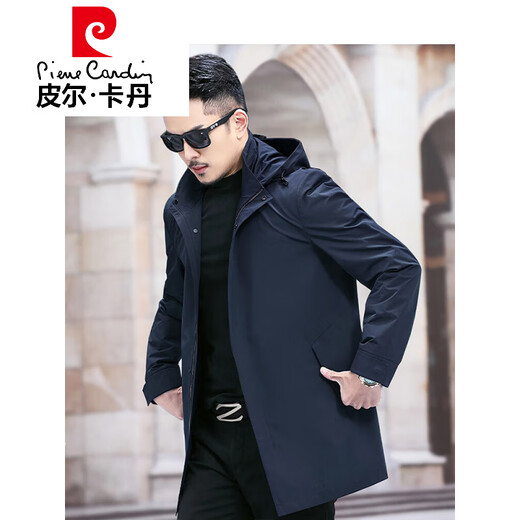 Pierre Cardin spring and autumn men's windbreaker mid-length men's casual removable hooded business jacket for young and middle-aged men, navy blue 9803 M 170-