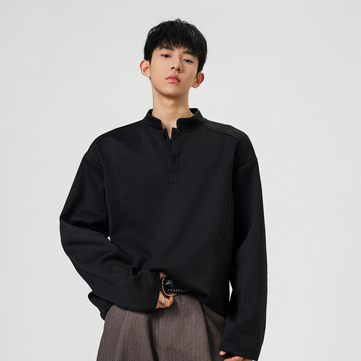 Homlean American Polo Henry shirt men's long-sleeved T-shirt autumn top with casual men's base sweatshirt JC-T24555 black M (recommended 85-100Jin Jin equals 0.5 kg)