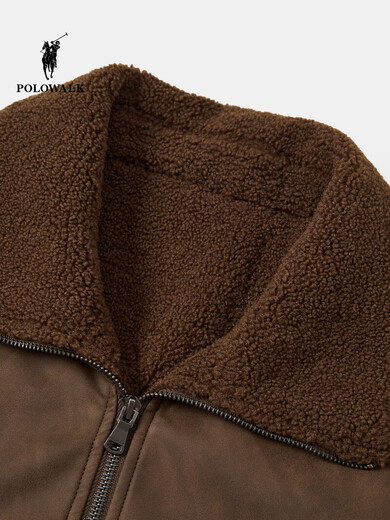 POLOWALK men's leather jacket 2025 winter new men's retro style simple stand-up collar plus velvet leather jacket brown coffee M 170/M