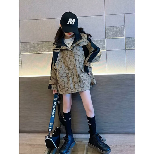 Girls' coat spring tops 2025 Korean version of medium and large children's windbreaker, stylish mid-length lapel hooded cardigan trendy TW04 khaki 170