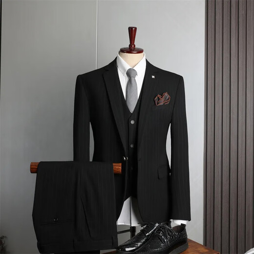 FZPT light luxury trendy brand suit men's 2025 autumn and winter new business casual fashion slim striped suit dress black single-piece suit 2XL recommended 135-145Jin Jin equals 0.5 kg