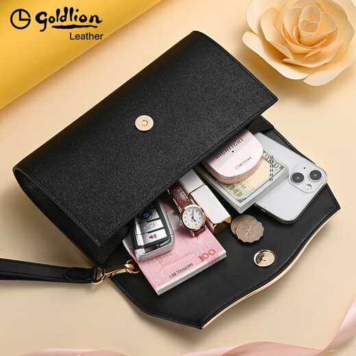 Goldlion Women's Handbag 2025 New Fashion Versatile Clutch Large Capacity Multifunctional Clutch Genuine Leather Mobile Phone Bag Portable Black Official Authentic