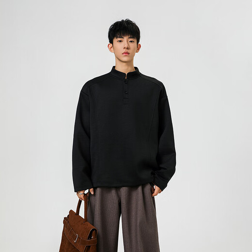 Homlean American Polo Henry shirt men's long-sleeved T-shirt autumn top with casual men's base sweatshirt JC-T24555 black M (recommended 85-100Jin Jin equals 0.5 kg)