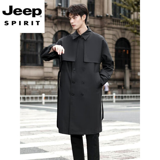 JEEP SPIRIT2025 new style windbreaker men's mid-length over the knee spring and autumn men's coat double-breasted Cthulhu civilian coat trendy black M