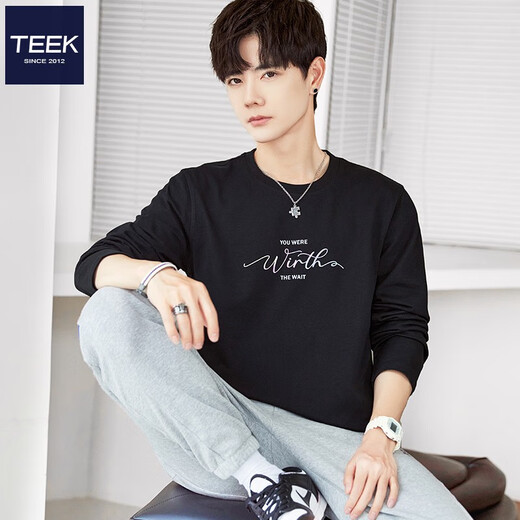 TEEK纯棉长袖t恤男生休闲衣服 2025秋季时尚印花男装体恤青年百搭上衣 HC687黑色 L