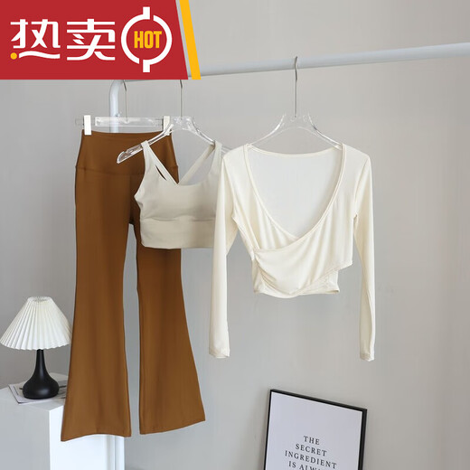 Tiannan Brothers (TNBROTHERS) Yoga Wear Pilates Set Three-piece Yoga Wear Suit Women's Fitness Three-piece Set Mesh Blouse Long Sleeve High Waist Apricot Bra Blouse + Caramel Color Bootleg Pants. XL