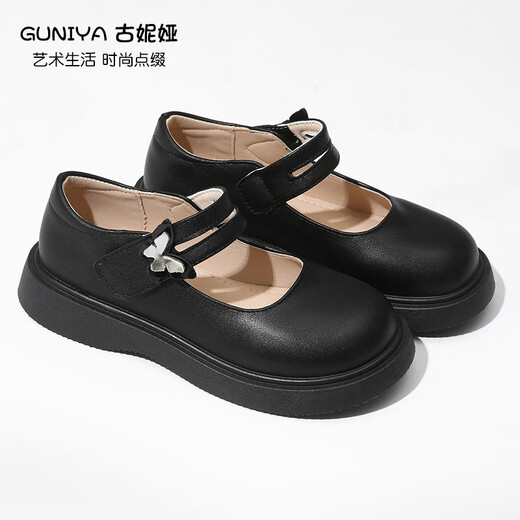 Gunia girls children's leather shoes autumn and winter square mouth breathable soft sole shoes children's campus performance shoes black matte 35