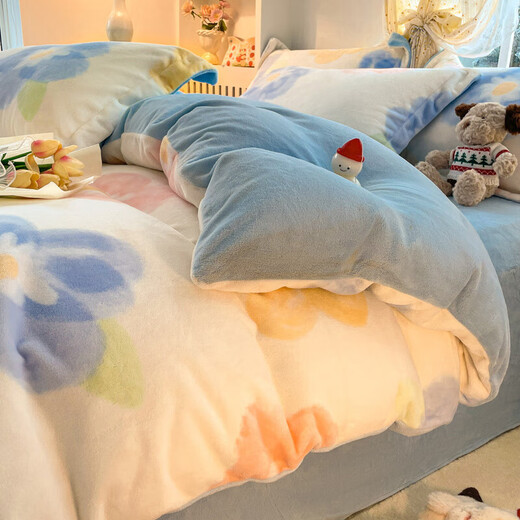 Fu丨Anna winter milk velvet quilt cover single 150x200x230cm single plus velvet quilt cover four-piece set colorful flower + baby blue 1.5m bed sheet four-piece quilt cover 180cm*220cm