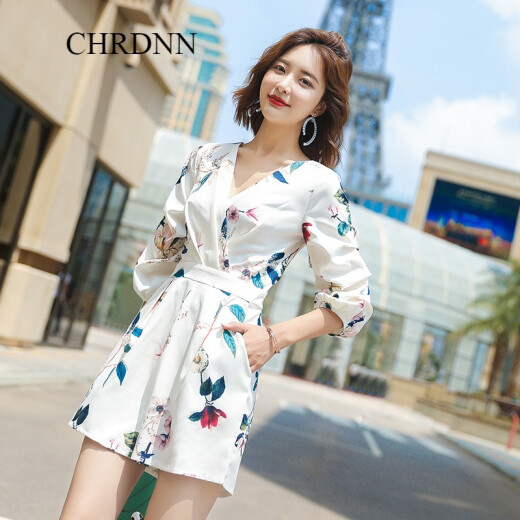 CHRDNN Hong Kong trendy brand high-waist chiffon jumpsuit women's summer new temperament wide-leg shorts fashionable jumpsuit white M