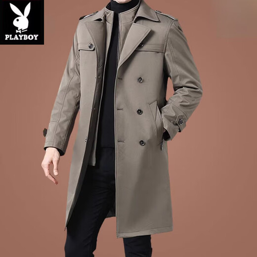 Playboy (PLAYBOY) fashion brand autumn and winter mid-length windbreaker for middle-aged and elderly men thickened removable wool liner business jacket trendy khaki long XL 180 size 145-165Jin Jin is equal to 0.5 kg