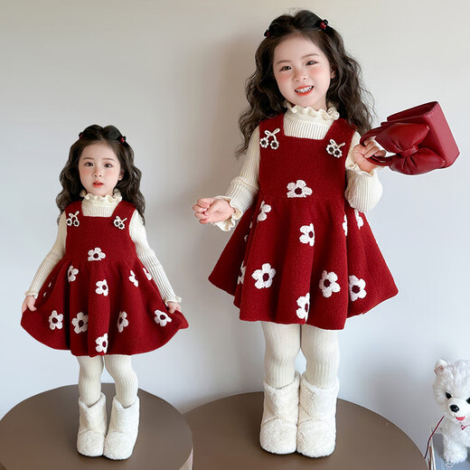 G.duck Little Yellow Duck Princess Dress Girls Dress Autumn and Winter Thickened Children's Skirt Baby Girl Woolen Vest Skirt Set Red 110 Recommended for 4~5 years old 100-110cm cm