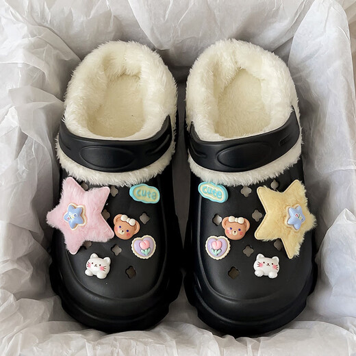 Plush Crocs Women's Winter 2025 Baby Thick Sole Increased Anti-Slip Warmth Removable Plush Women's Cotton Slippers White Diamond Bear Removable Liner 40.5 40-41 Recommended for feet 39-40