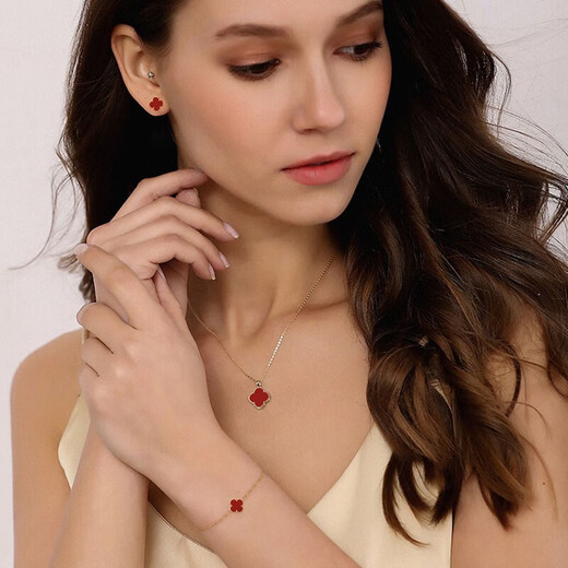 Junshi 18k real gold bracelet women's four-leaf clover AU750 rose gold white mother-of-pearl black agate carnelian 18K rose red agate