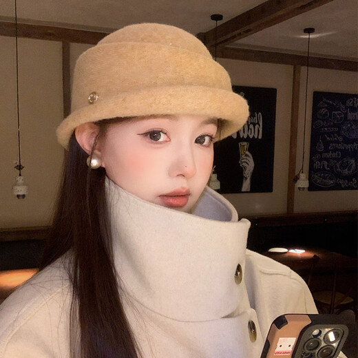 Hat Winter Hepburn Style Elegant Woolen Women's Autumn Style Knitted Fisherman Hat Warm and Versatile Black One Size (55-59cm)