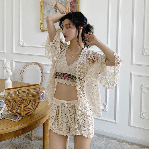 Shijanu Internet celebrity split swimsuit women's three-piece set 2024 new sexy goddess knitted tassel high-waist resort hot spring swimsuit off-white (tassel) one size fits all (85-125Jin Jin equals 0.5 kg, can be worn)