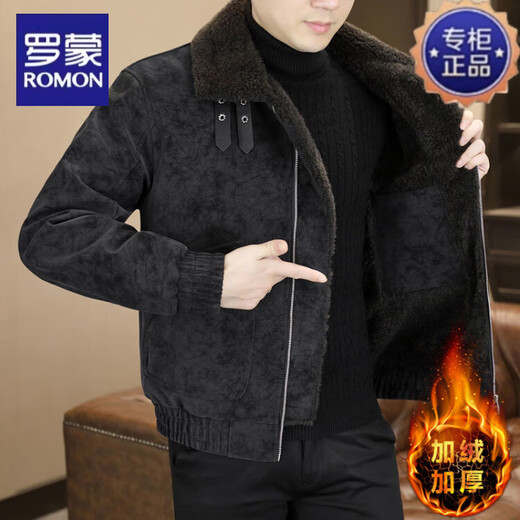 Romon fur collar fur all-in-one leather jacket for men 2025 velvet thickened lapel motorcycle leather jacket winter trendy brand warm jacket black L