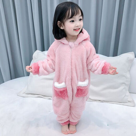 Children's one-piece pajamas autumn and winter thickened velvet warm sleeping bag for boys and girls belly protection plush warm home clothes pink 120