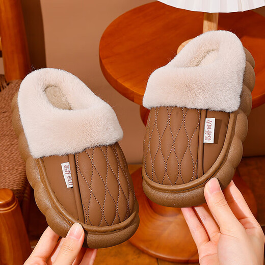 New autumn and winter thick-soled non-slip non-slip boys and girls indoor home winter plus velvet warm cotton slippers upgraded version bean paste-slippers 12 36/37 adults one size too small