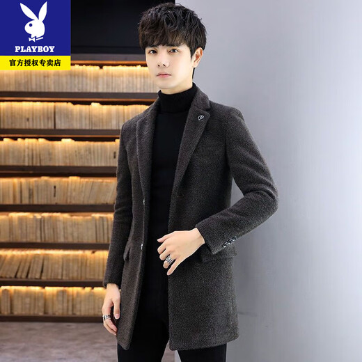 Playboy Woolen Coat Men's Autumn and Winter Korean Slim Windbreaker Men's Mid-Length Cotton and Thickened Mink Woolen Coat Men's Gray Cotton and Thickened XL