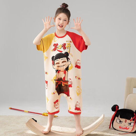 Girls one-piece pajamas summer thin pure cotton short-sleeved snap sleeping bag children baby little girl air-conditioned home clothes M02 one-piece cotton one-piece suit recommended by the store manager 90 size 8 height 90-103cm