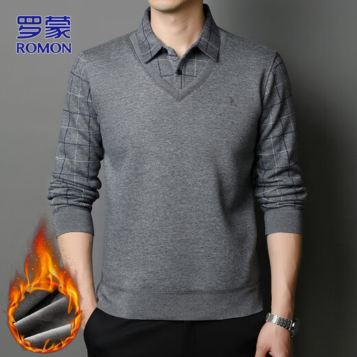 ROMON fake two-piece sweater men's autumn and winter business casual shirt collar sweater men's versatile warm sweater