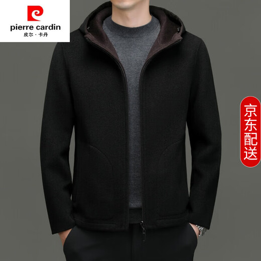 Pierre Cardin short woolen coat men's light luxury 100% pure wool double-sided hooded woolen coat casual jacket high-end black ten red coffee M
