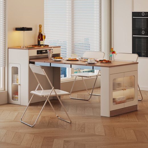 Qiao Craftsman 2025 new model island dining table integrated household retractable folding mobile small apartment multi-functional sideboard dining table island dining table - white + light walnut color one table and two chairs