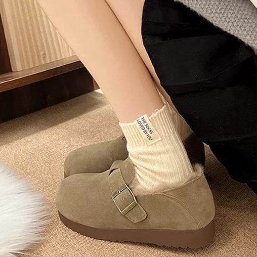 Woodpecker Retro Velvet Birkenstock Shoes for Women 2025 Winter New Slip-on Snow Boots Thickened Warm Soft Sole Anti-Slip Cotton Shoes Khaki 38 (240mm) If your feet are wide and fat, it is recommended to take a larger size