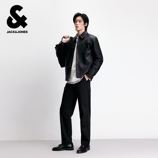 JACK&JONES Men's 2025 Winter Leather Texture Sheep Leather Trendy Jacket E40 Black 175/96A