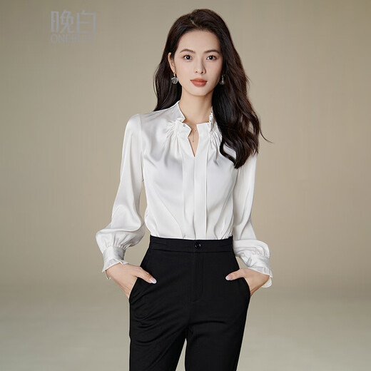 Late White New Product 2025 Autumn Solid Color Temperament Top Slim, Comfortable and Versatile Commuting Shirt for Women White XL