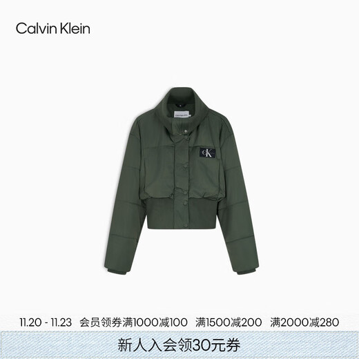 Calvin KleinJeans autumn and winter women's urban casual trend ck classic embroidered logo folded high collar short cotton jacket LLP-Military Green S