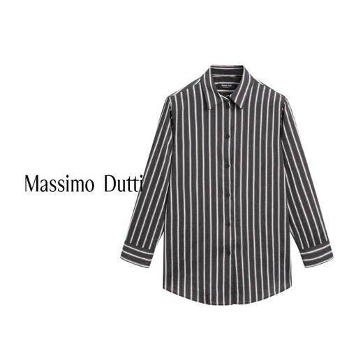 Massimo Dutti Autumn and Winter New Products 2025 Women's Clothing Modern Urban Commuting Style Loose Striped Long-Sleeved Shirt 05184984 Black S (170/88A)