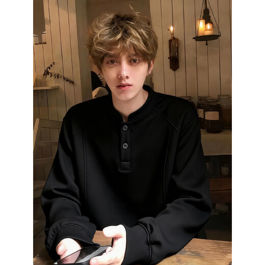 Maorong Warm Autumn Black American Henley Collar Sweatshirt Men's Autumn and Winter Heavy Duty Right Shoulder Long Sleeve Polo Shirt with Bottoming Shirt Black Upgraded M