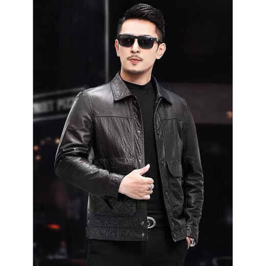 KBXNG Jinba leather jacket men's short oil wax first layer sheepskin new lapel spring and autumn wallet men's jacket black-single style black-single style M 170/-recommended 90-120Jin Jin is equal to 0.5 kg