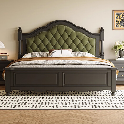 South classical furniture American light luxury retro black 2-meter solid wood bed French mid-century style green soft bag storage master bedroom princess bed single bed 1.5*2 meters