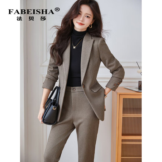 Faberza light brown woolen suit for women in autumn and winter thickened temperament goddess style small commuting suit jacket for women light brown suit + pants L