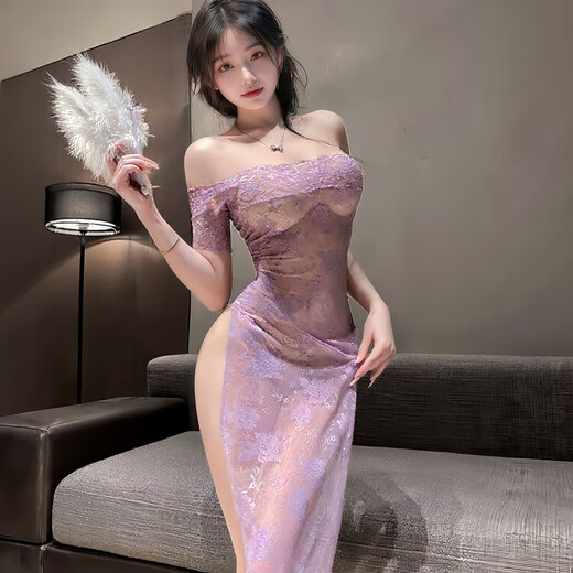 Universal sexy pajamas for female couples, stimulating cheongsam uniform, tempting tight-fitting pure desire hip-covering skirt, robe, bed help corner, pink rhyme cheongsam + purple butterfly open jumpsuit (comes with stockings)