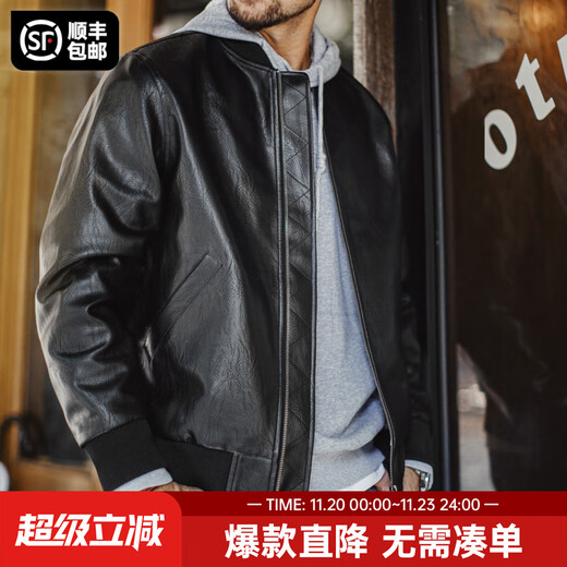 Madden Workwear American Retro MA1 Pilot Leather Jacket Men's Autumn Black Handsome Short Litchi Pattern Men's Jacket Quiet Black M