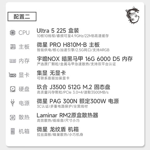 MSI (MSI) intel Ultra5 225 boxed core display barebones assembly computer complete machine home office game live broadcast designer multi-screen stock trading host DIY assembly machine complete set configuration two 225 box丨16G丨512G丨core display