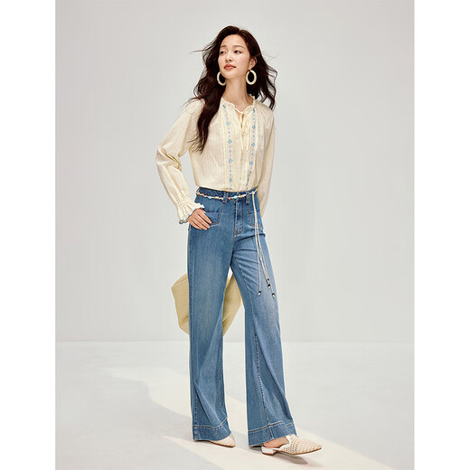 INMAN contrast color embroidered lace temperament shirt 2026 spring women's new simple long-sleeved shirt beige M