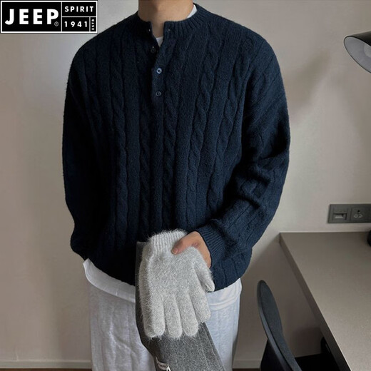 JEEP SPIRIT Lazy Henry Collar Sweater Men's Autumn and Winter Style Korean Style Casual Loose Niche Knitwear Men Navy Blue M