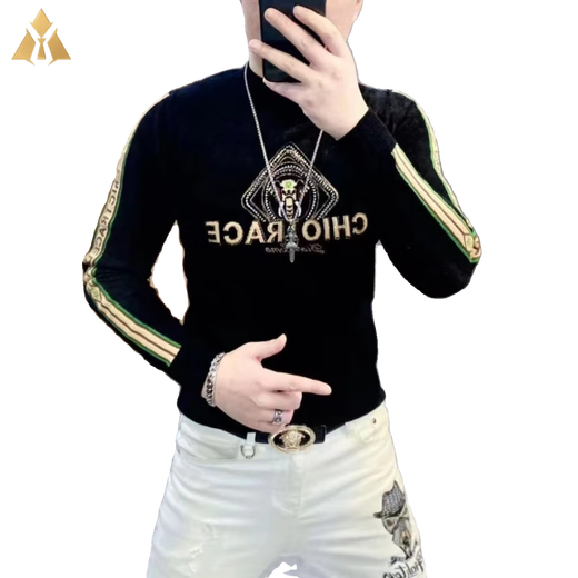 BG GLAMURB luxury brand T-shirt men's long-sleeved jacquard 2025 new sweatshirt men's casual slim bottoming shirt black regular L