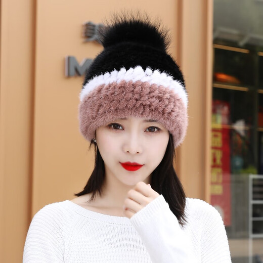 Princess mink hat mink fur knitted warm ear protection mink fur thickened versatile fox fur ball mink hat for women winter rubber red and black rubber red + white + black one size fits all, elastic
