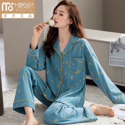 莫代尔纯棉睡衣女士春秋季长袖休闲韩版碎花翻领宽松中年妈妈家居服套装 YM7024 L 100-120斤